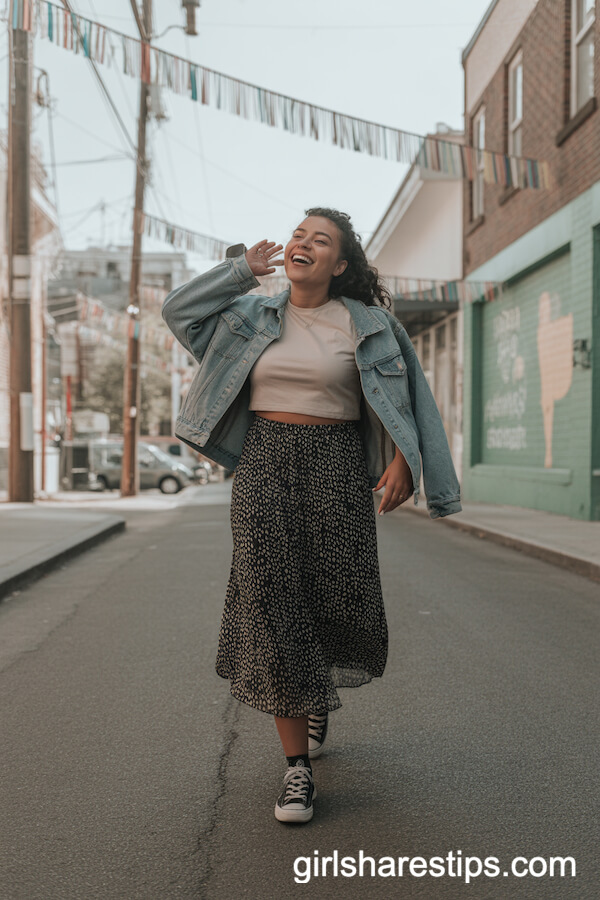 Graphic Printed Midi Skirt with Cropped Denim Jacket