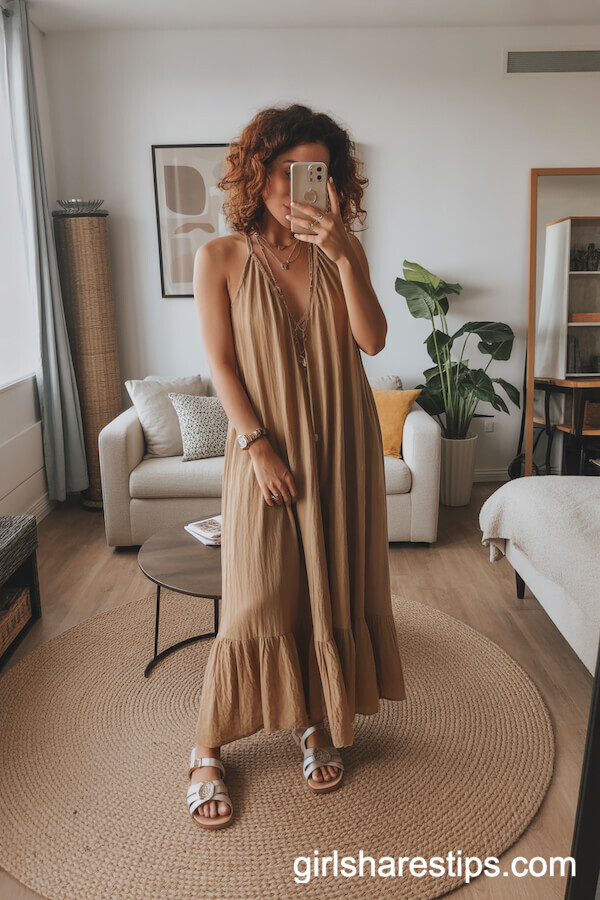 Bohemian-Style Maxi Dress with Layered Necklaces