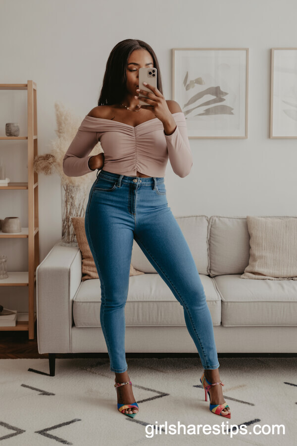 Fitted Blue Jeans with Off-the-Shoulder Top