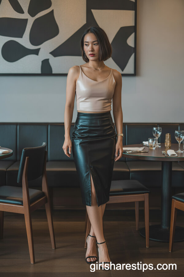 Black Midi Skirt with Beige Tank and Strappy Heels