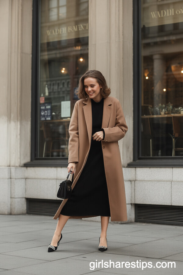 Long Camel Wool Coat over Black Midi Dress