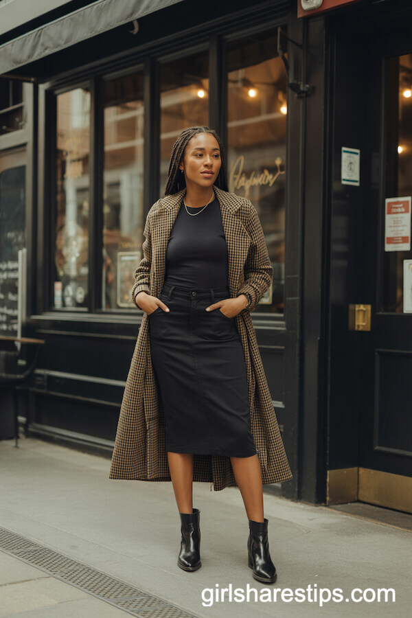 Checkered Trench Coat with Black Midi Dress