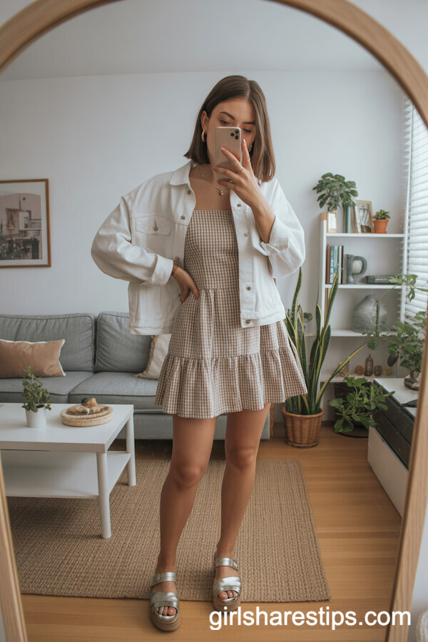 Gingham-Print Mini Dress with White Denim Jacket