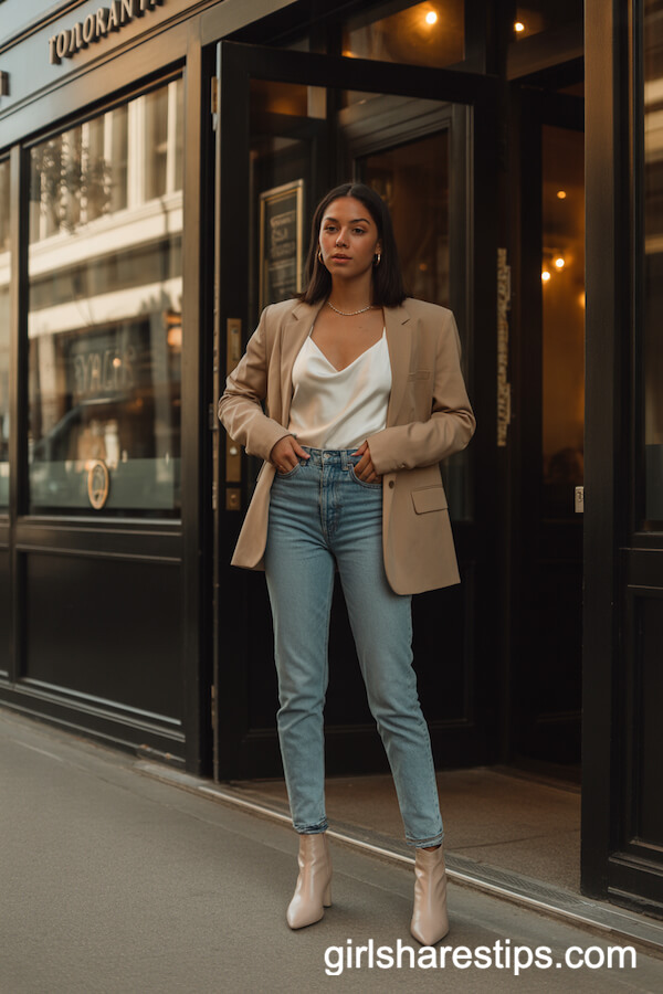 High-Waisted Skinny Jeans with Silk Camisole and Blazer