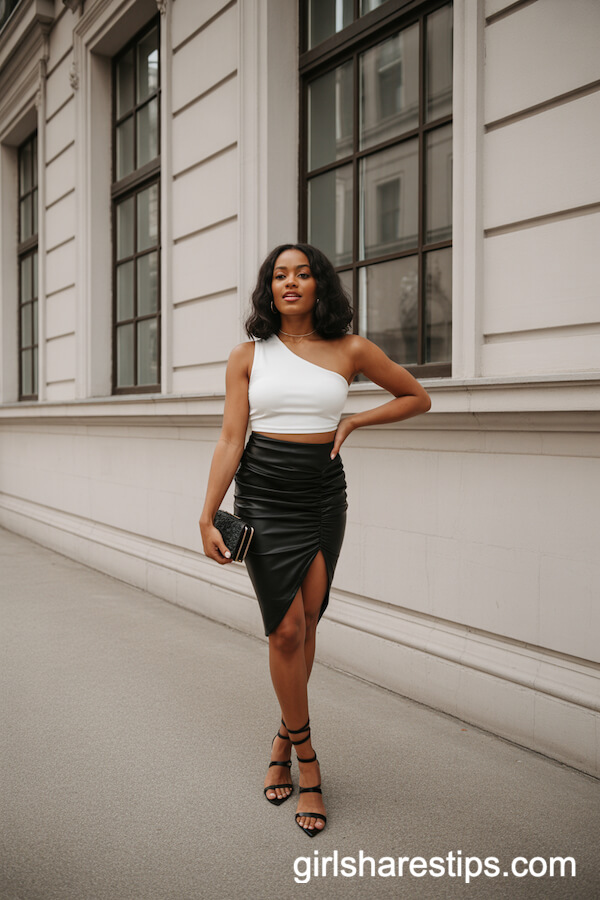 One-Shoulder White Crop Top with Fitted Black Skirt