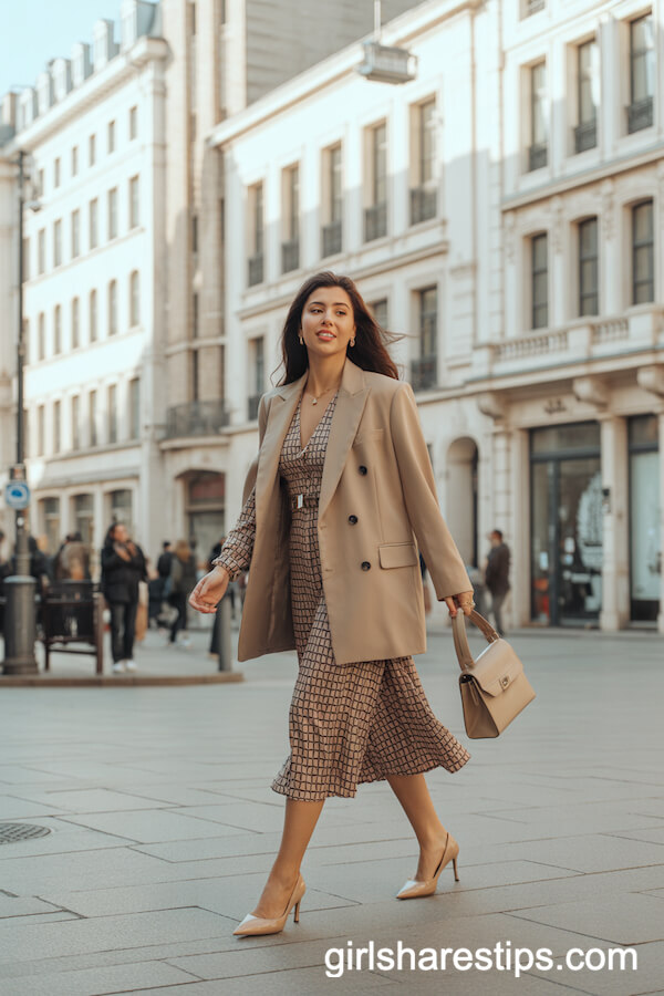 Beige Blazer with Patterned Midi Dress and Nude Heels