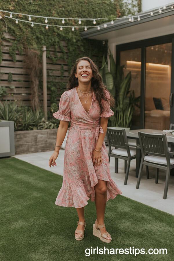 Vibrant Floral Wrap Dress with Wedge Sandals