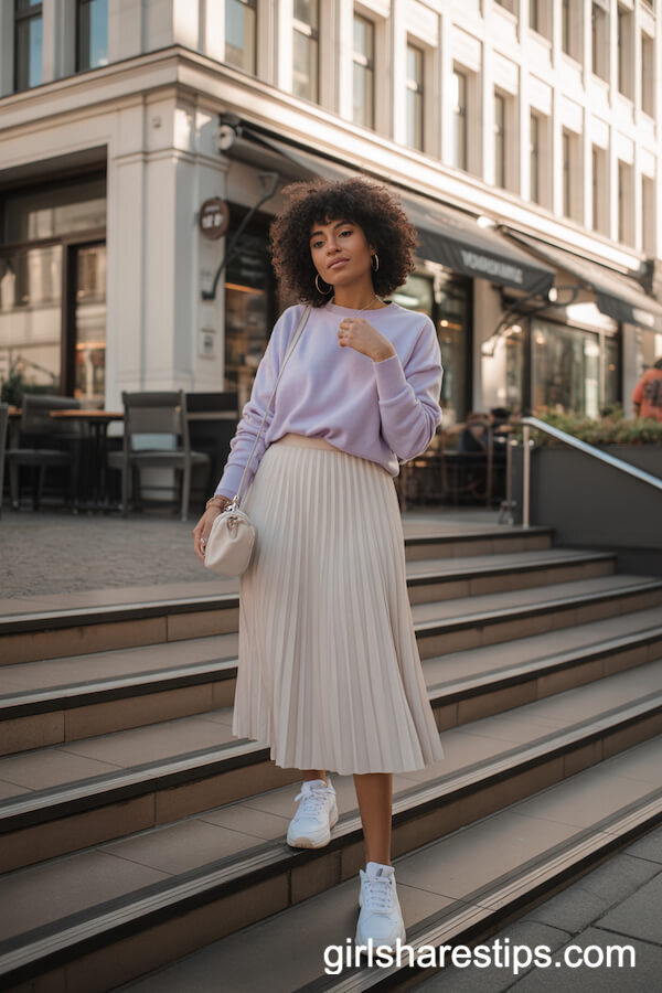 Pastel Cashmere Sweater with Cream Pleated Midi Skirt