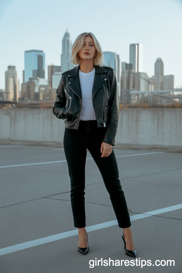 Black Leather Moto Jacket with White Tee and Pointed Heels