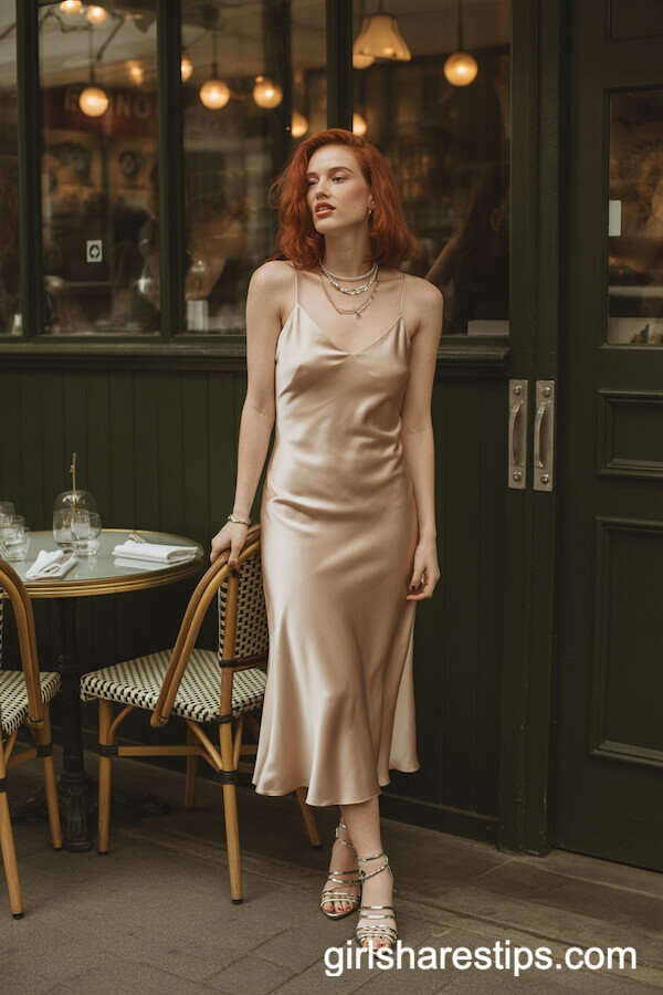 Champagne Satin Slip Dress with Layered Necklaces