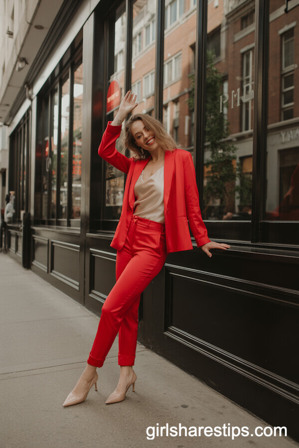 All-Red Ensemble with Tailored Pants and Nude Pumps