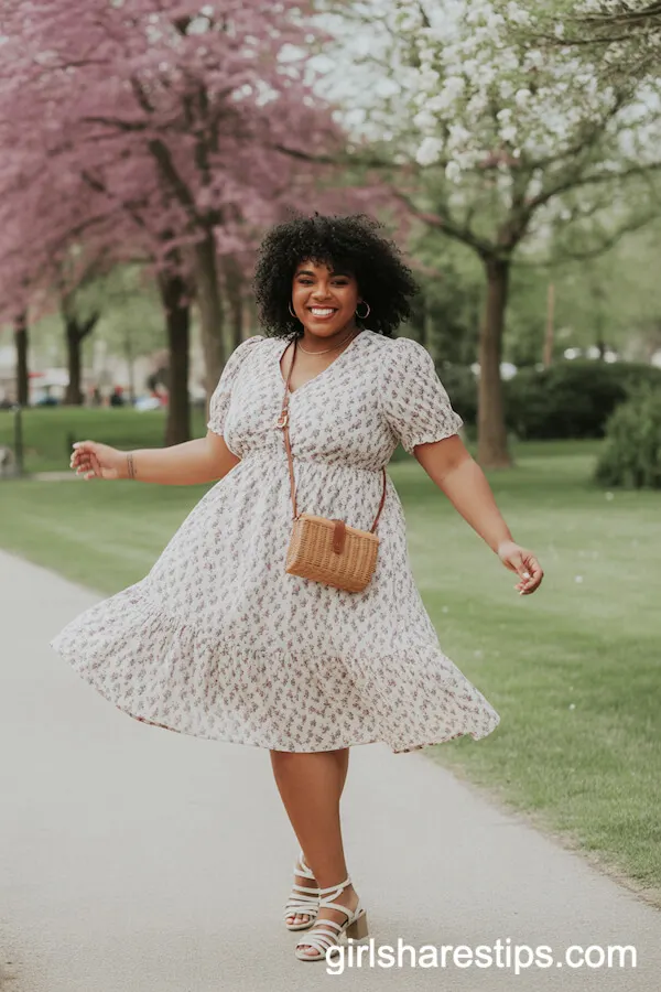 Floral Spring Dress with Strappy Sandals and Woven Crossbody Bag
