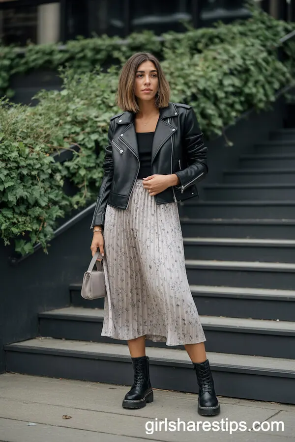 Leather Moto Jacket over Floral Midi Skirt and Boots