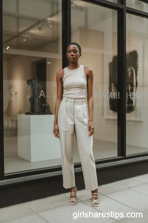 Cream Tank with Beige Tailored Trousers and Strappy Sandals