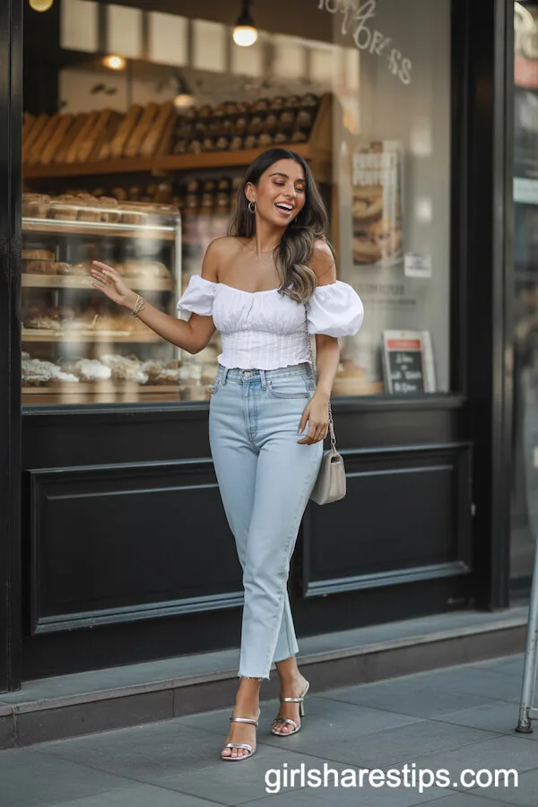 White Off-Shoulder Top with Puff Sleeves and Light Denim Jeans