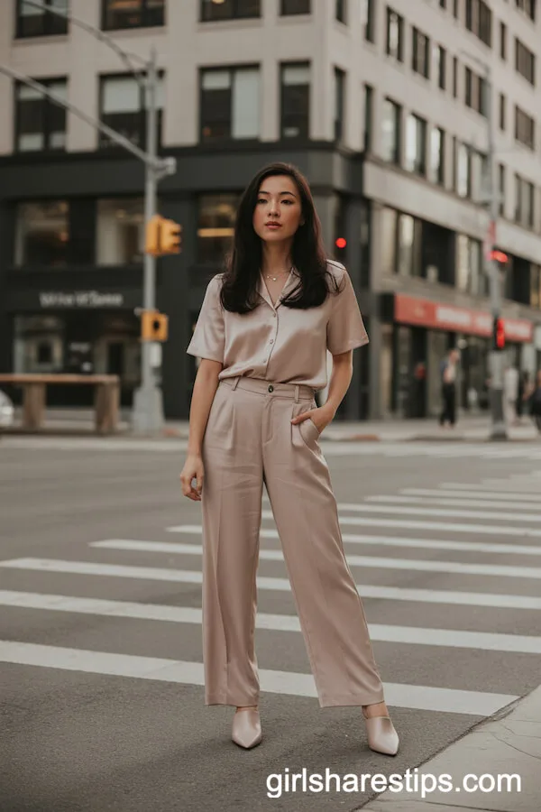 Monochrome Matching Set: Blush Pink Blouse and Wide-Leg Trousers