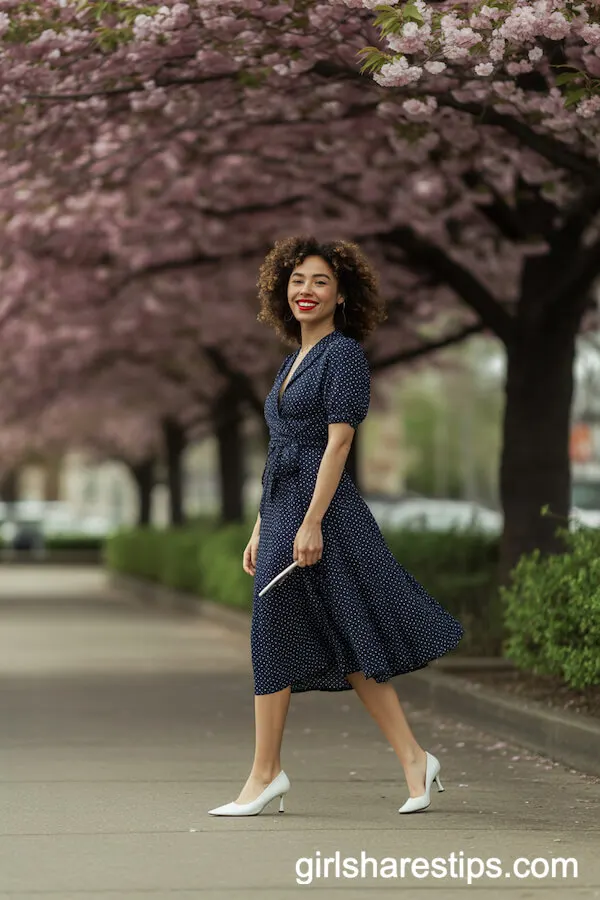 Navy Polka Dot Wrap Dress with White Kitten Heels