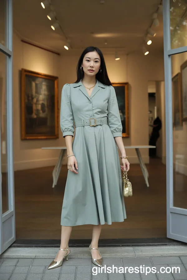 Sage Green Belted Midi Dress with Gold Jewelry