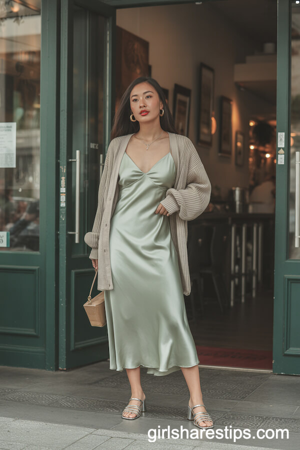 Sage Green Satin Slip Dress with Lightweight Cardigan