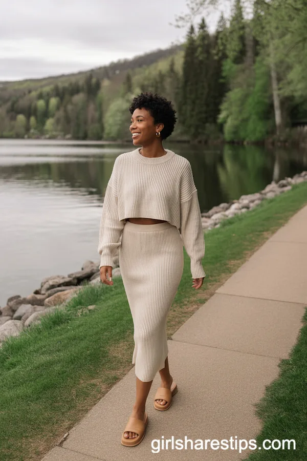 Beige Knit Matching Set: Cropped Sweater and Midi Skirt