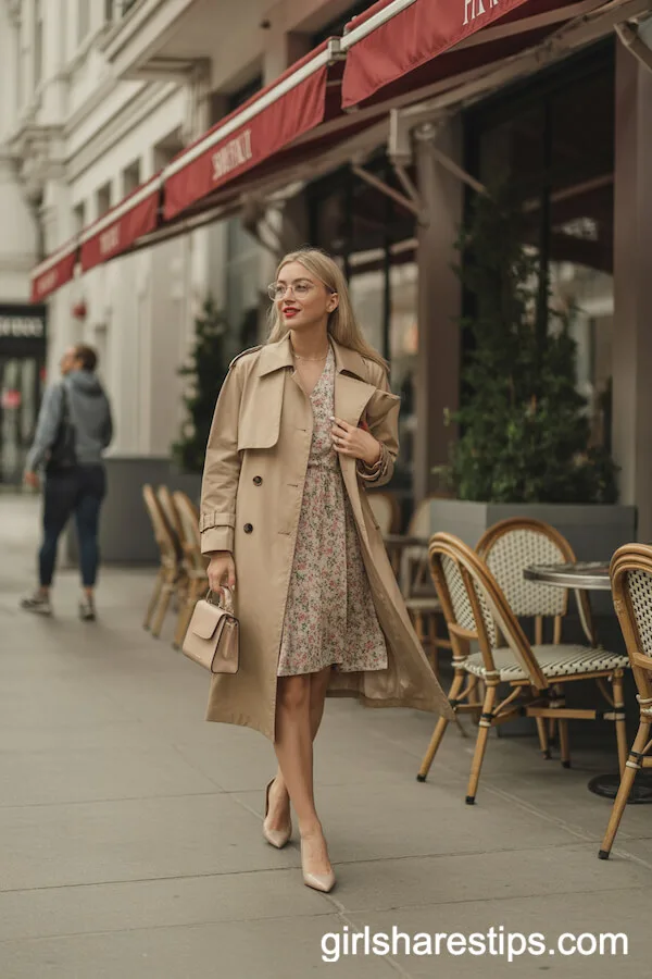 Trench Coat Layered Over Floral Spring Dress