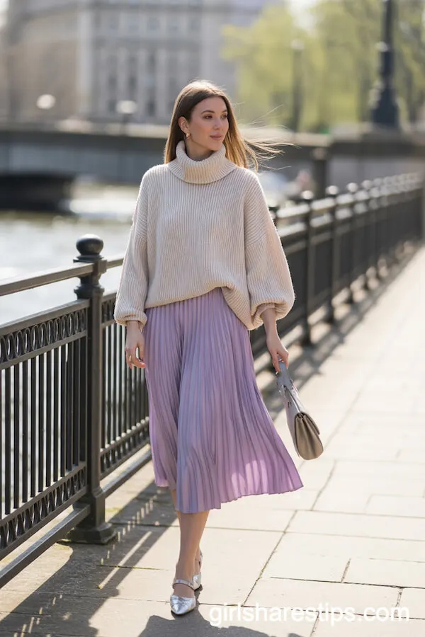 Lilac Pleated Midi Skirt Cream Turtleneck Sweater