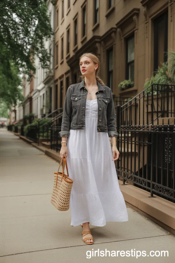 Flowy White Maxi Dress with Denim Jacket and Tan Sandals