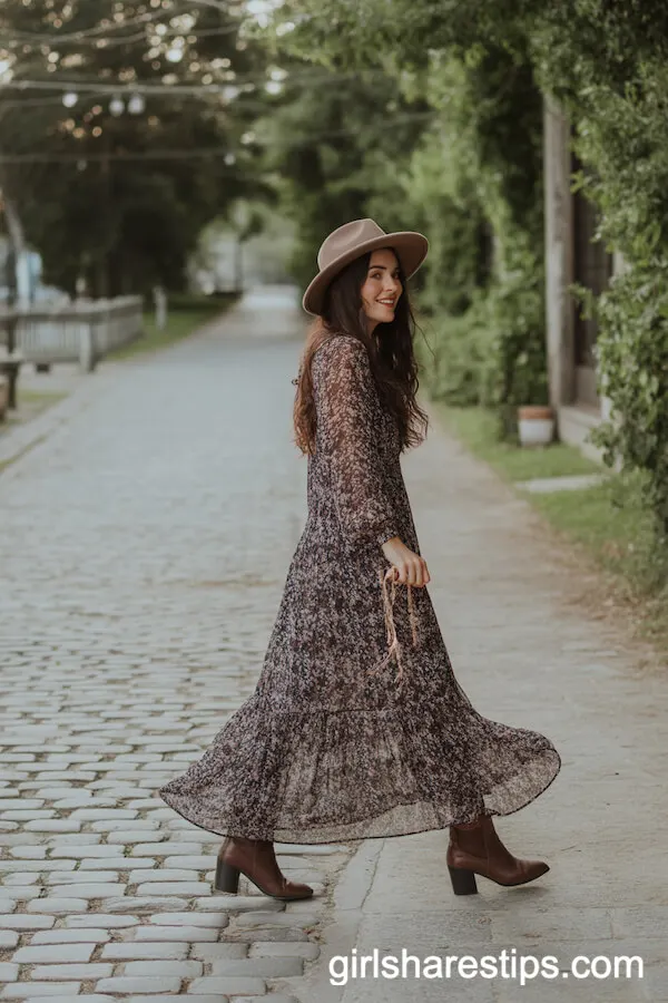 Flowy Boho Maxi Dress with Ankle Boots and Wide-Brim Hat
