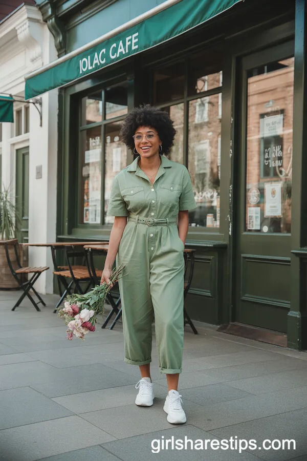 Sage Green Belted Jumpsuit with White Sneakers
