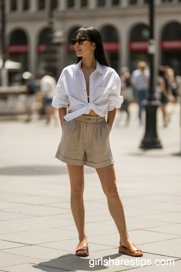 Oversized White Button-Down with Linen Shorts and Slide Sandals