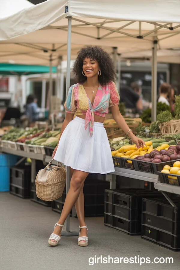 Colorful Tie-Front Blouse with White A-Line Skirt and Espadrilles