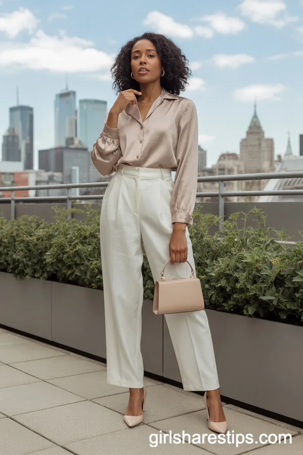 Champagne Silk Blouse with Tailored White Trousers