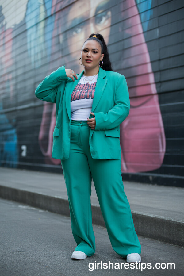 Vibrant Teal Tailored Suit with White Sneakers