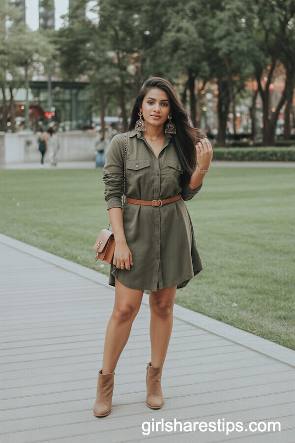 Belted Olive Green Shirt Dress