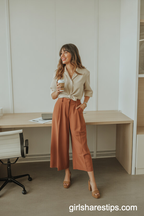 Terra-Cotta Culottes and Cream Blouse