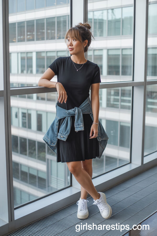 Knee-Length Black Dress with White Sneakers