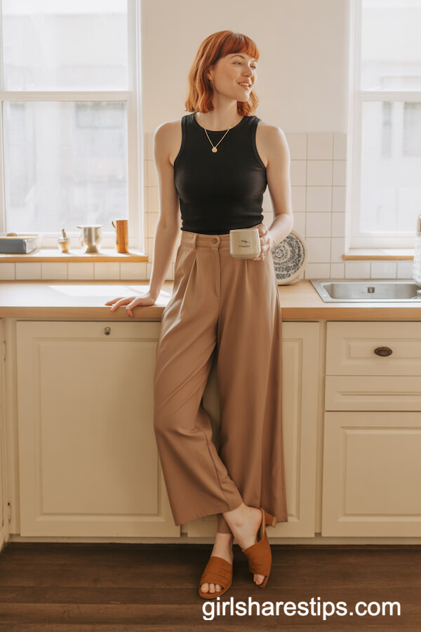 Black Sleeveless Top Camel Wide Pants