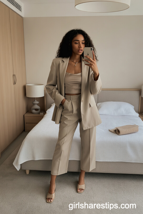 Beige Monochrome Blazer and Cropped Trousers
