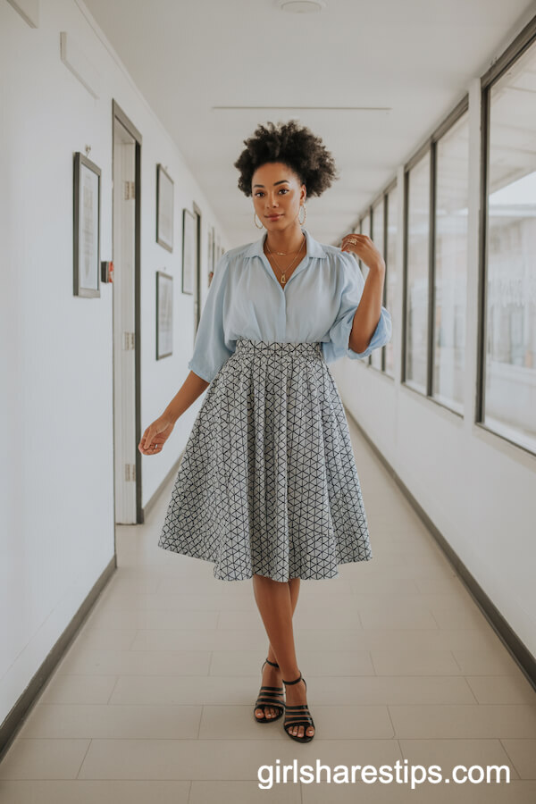 Light Blue Blouse with Geometric Print Skirt