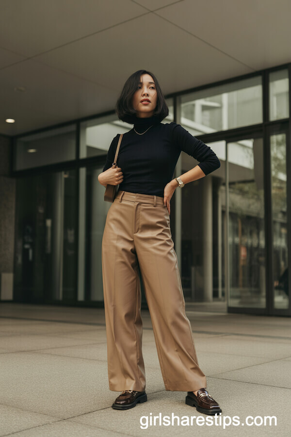 Tan Wide-Leg Trousers Black Turtleneck