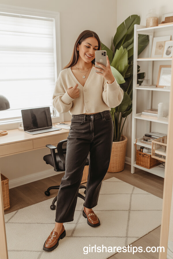 Cream Cardigan and Dark-Wash Jeans