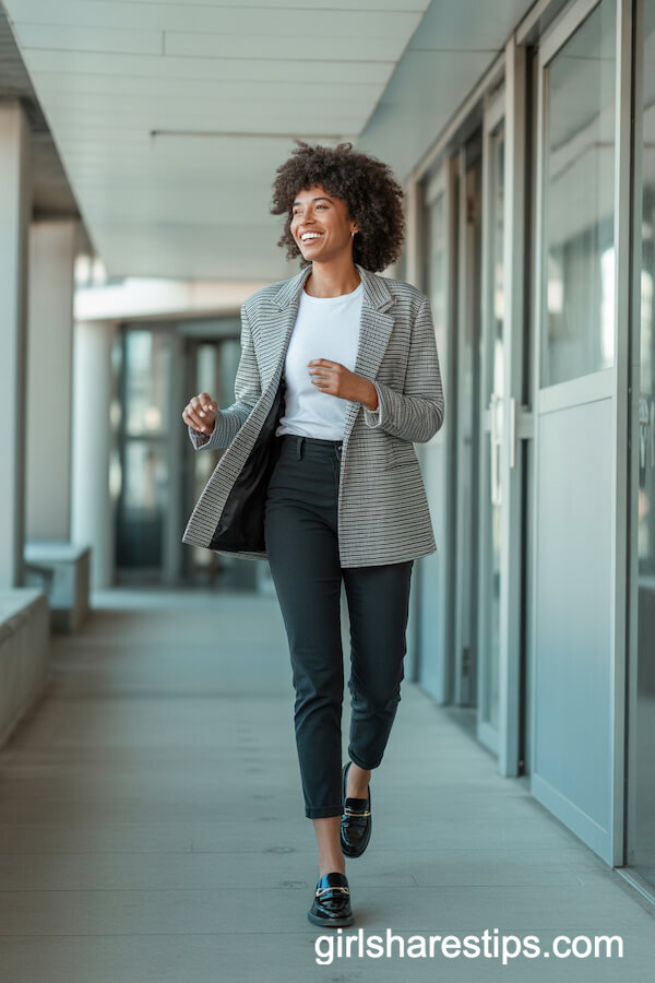 Grey Checked Blazer Slim Black Pants