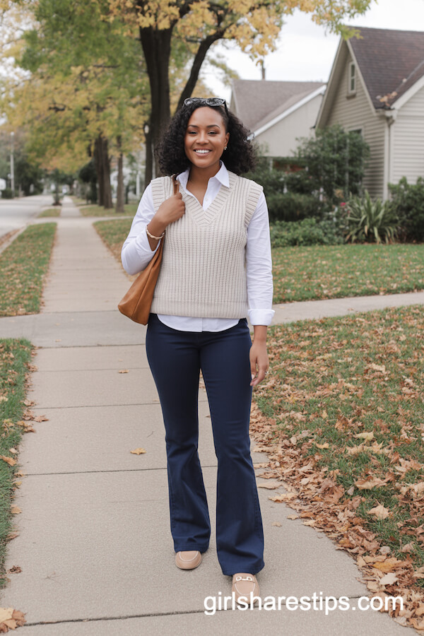 Navy Flare Jeans with Button-Down and Knit Vest