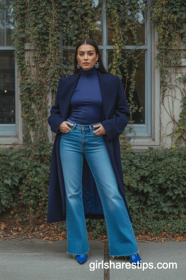Mid-Blue Flare Jeans with Turtleneck and Tailored Coat