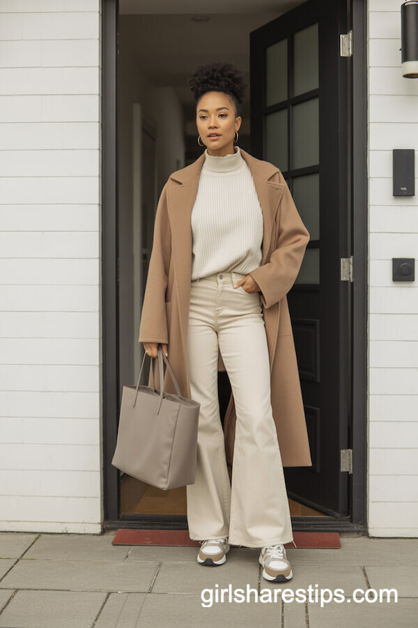 Ecru Flare Jeans with Mock-Neck Sweater and Long Coat