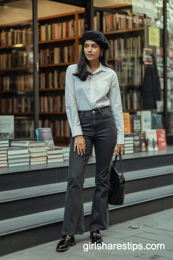 Dark-Wash Flare Jeans with Button-Up and Beret