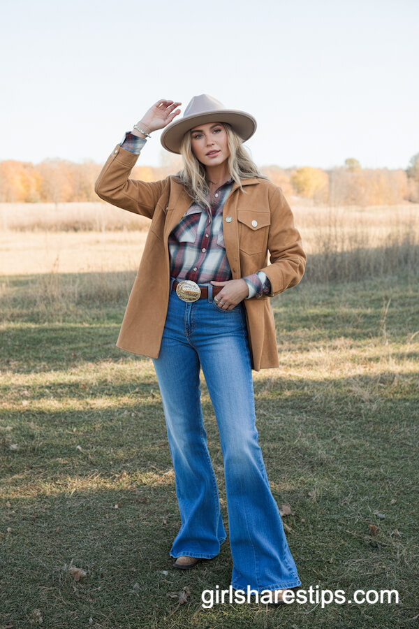 Blue Flare Jeans with Flannel Shirt and Suede Jacket