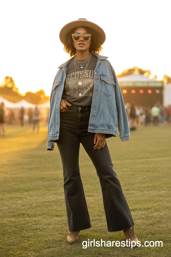 Faded Black Flare Jeans with Band Tee and Denim Jacket