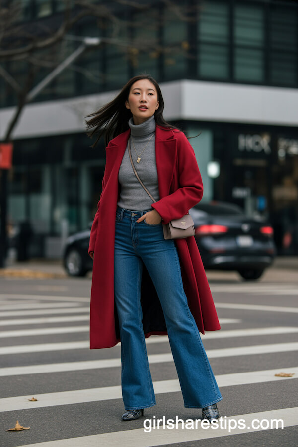 Indigo Flare Jeans with Cashmere Turtleneck and Red Coat