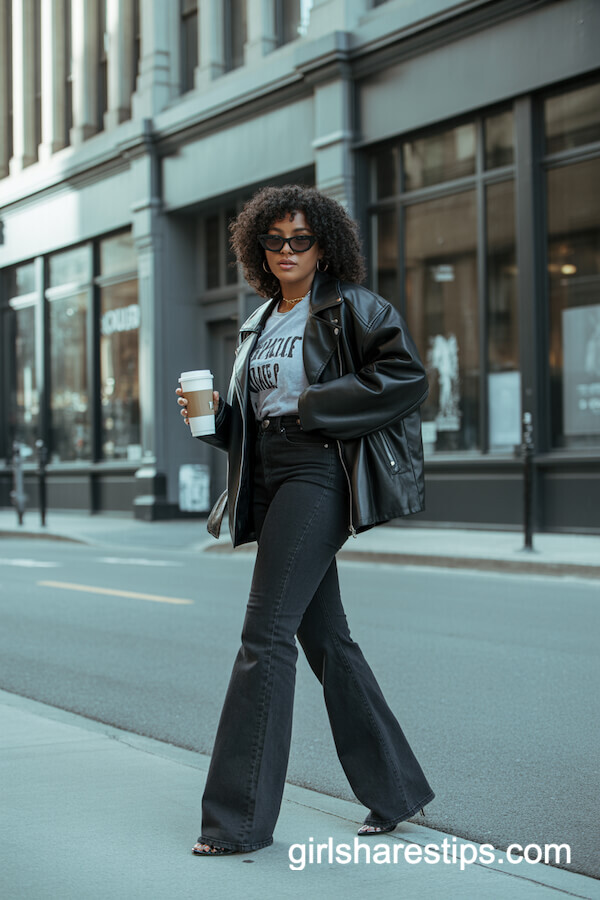 Black Flare Jeans with Graphic Tee and Leather Jacket